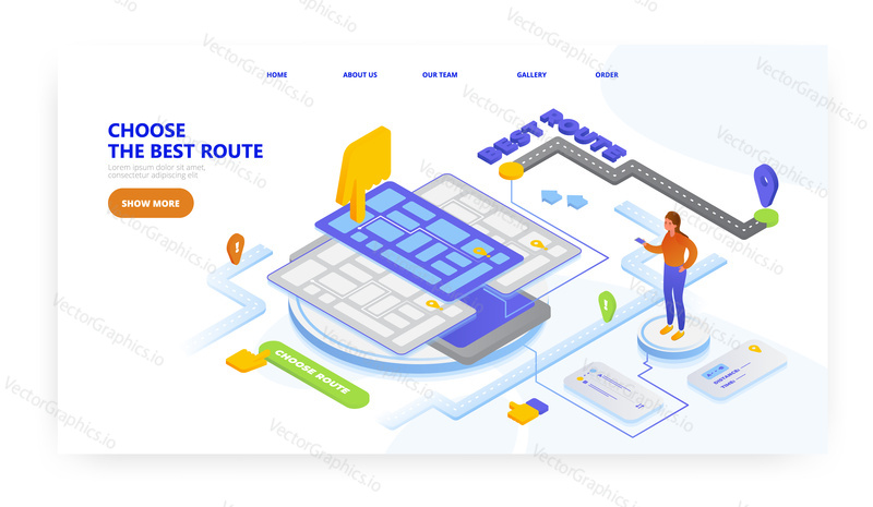 Choose the best route, landing page design, website banner template, flat vector isometric illustration. Find the best way on mobile or tablet. Road trip route planning.