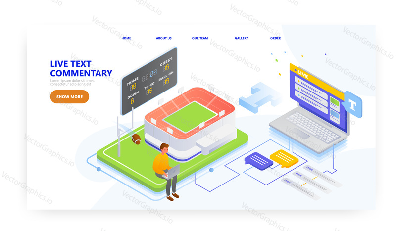 American football live text commentaries, landing page design, website banner template, flat vector isometric illustration. Football fan following favorite team, player, getting live scores, stats.