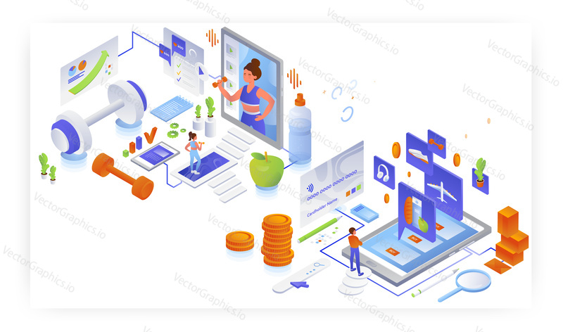 Online shopping of goods or services, flat vector isometric illustration. People buying grocery food, clothing, tickets, other goods on the internet, training with online fitness coach at home.