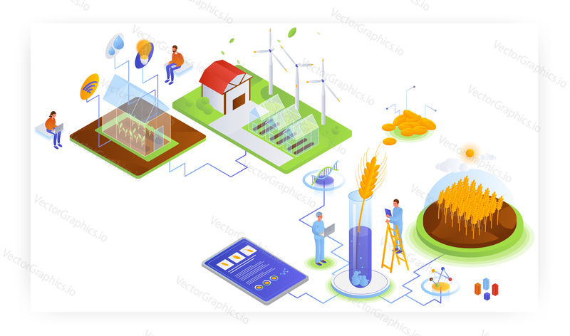 Smart farming industry, flat vector isometric illustration. Smart greenhouse, Iot, wireless remote control. Genetically modified crop, gmo wheat research in science lab.