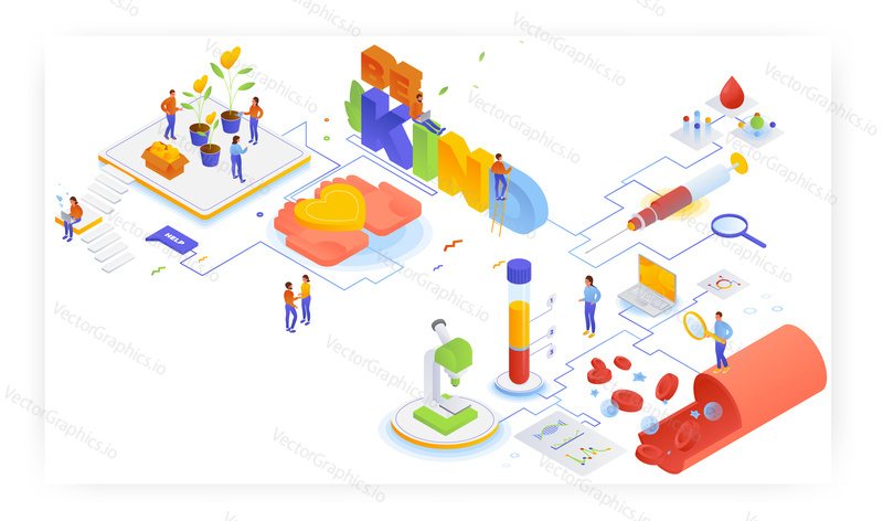 People growing hearts in pots, Be kind quote, blood structure test, flat vector isometric illustration. Charity, help, volunteering, blood donation.