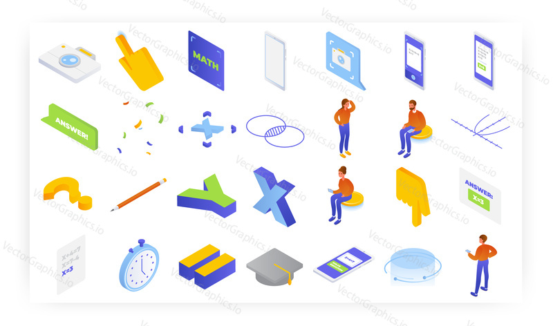 Online calculator, math equation solver mobile apps, isometric icon set, flat vector isolated illustration. Math solving camera. Online photo calculator.