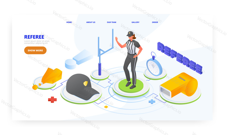 American football referee, landing page design, website banner template, flat vector isometric illustration. Female referee uniform and equipment.