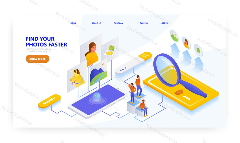 Find photos faster, landing page design, website banner template, flat vector isometric illustration. People looking for photos on the internet. Fast image search.