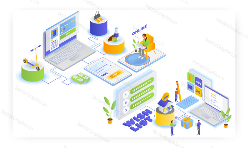 Online shopping, flat vector isometric illustration. Woman buying groceries, clothing online, adding favorite things to wish list. E-commerce, internet store.
