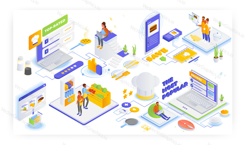 Online grocery shopping, top rated, the most popular and saved food recipes, flat vector isometric illustration. Online recipes and cooking books.