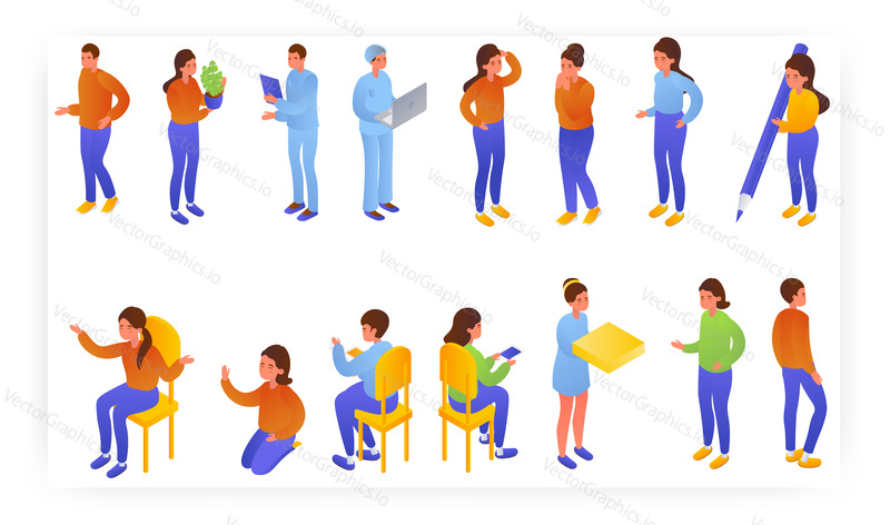Adults and kids standing, sitting in different poses, isometric icon set, flat vector isolated illustration. Office people, lab technicians, children with laptop, mobile phone, tablet, pencil.