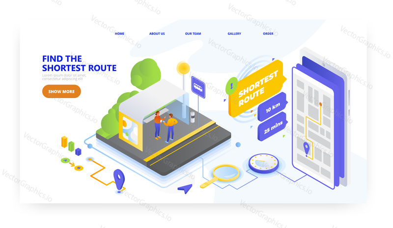 Find the shortest route, landing page design, website banner template, flat vector isometric illustration. Choose the shortest or the fastest route distance on mobile. Road trip planning.