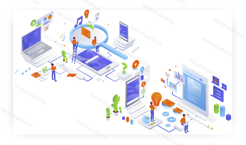 Information searching and website page content creation, flat vector isometric illustration. People creating website content and looking for music, pictures, other data online.