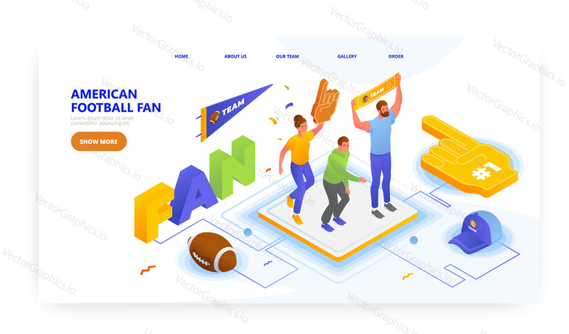 American football fan, landing page design, website banner template, flat vector isometric illustration. Team support foam finger, pennant, ball. People cheering for favorite football team.