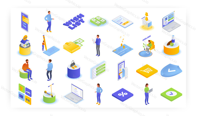 Online shopping, isometric icon set, flat vector isolated illustration. People buying groceries, clothing online, eco city transport adding favorite things to wish list. E-commerce, internet store.