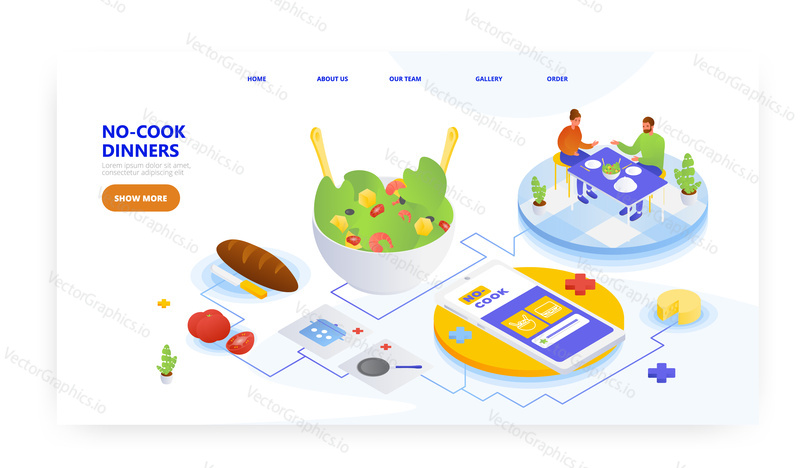 No cook dinner, landing page design, website banner template, flat vector isometric illustration. Fast and easy no cook meals recipes.