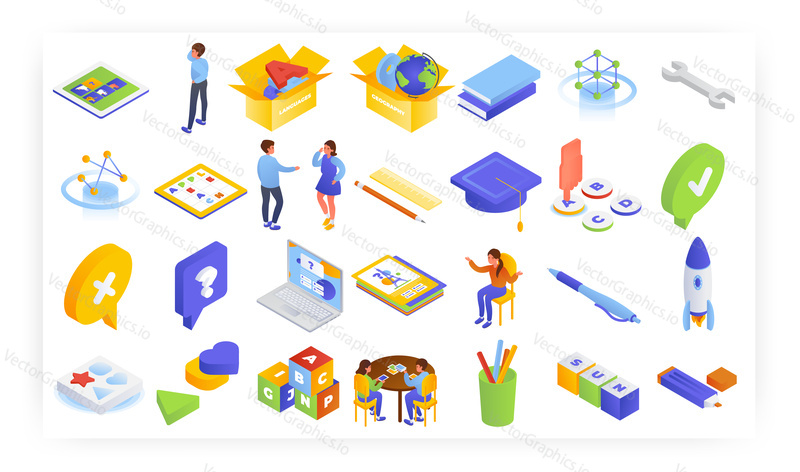 Online learning games for kids, isometric icon set, flat vector isolated illustration. Children playing trivia quiz, word search puzzle games, assembling pictures of animals. Kids education.