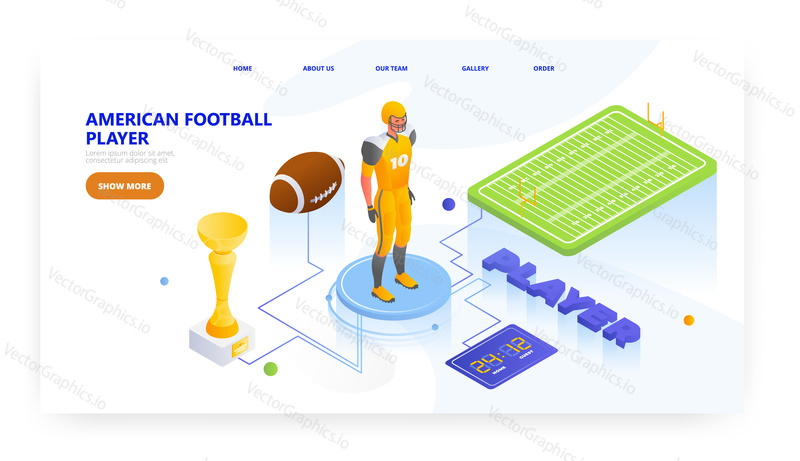 American football player, landing page design, website banner template, flat vector isometric illustration. Athlete in american football uniform.
