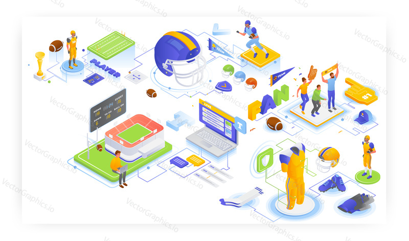 American football player, fans, live text commentaries, flat vector isometric illustration. Football player uniform, protective helmet. People cheering for favorite sport team, following live scores.