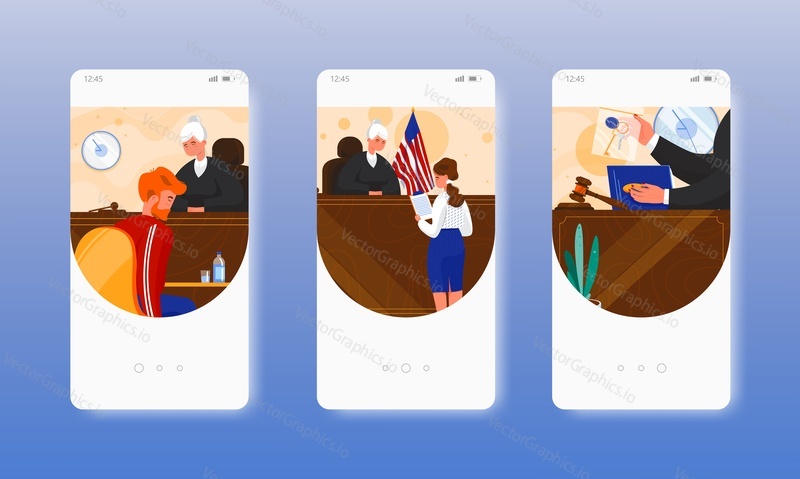 Court session. Judge, lawyer and criminal. Judgment. Law and justice. Mobile app onboarding screens. Vector banner template for website and mobile development. Web site and UI design illustration.