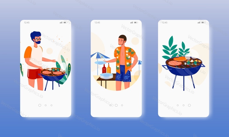 Barbecue party. Summer bbq, outdoor picnic. Mobile app onboarding screens. Vector banner template for website and mobile development. Web site and UI design illustration.