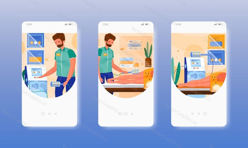 Hardware vacuum massage. Lpg anti cellulite cosmetology procedure. Beauty treatment. Mobile app screens. Vector banner template for website and mobile development. Web site and UI design illustration.