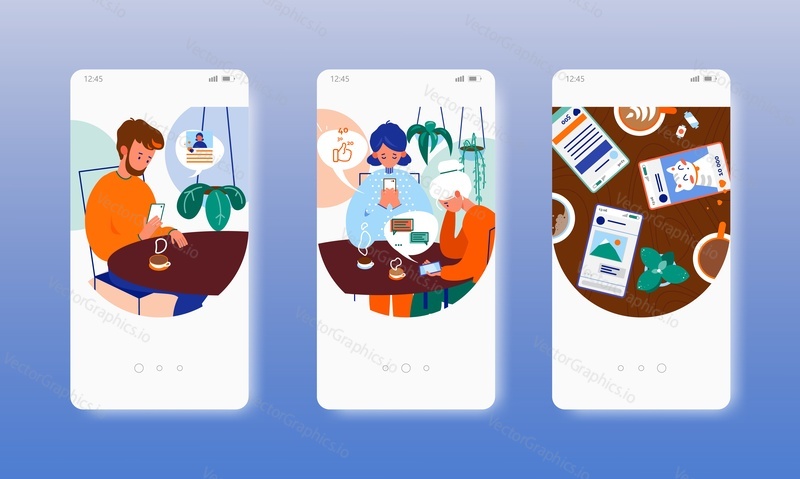 Problem of live communication with friends. Smartphone and social media addiction. Mobile app screens. Vector banner template for website and mobile development. Web site and UI design illustration.