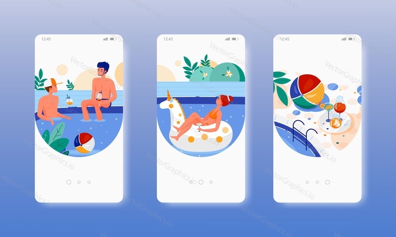 Pool party. Summer vacation, beach water activity. Mobile app onboarding screens. Vector banner template for website and mobile development. Web site and UI design illustration.