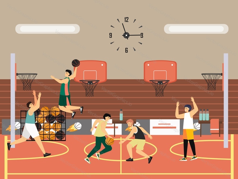 Group of people playing basketball, flat vector illustration. Team sport game, basketball amateur tournament, match.