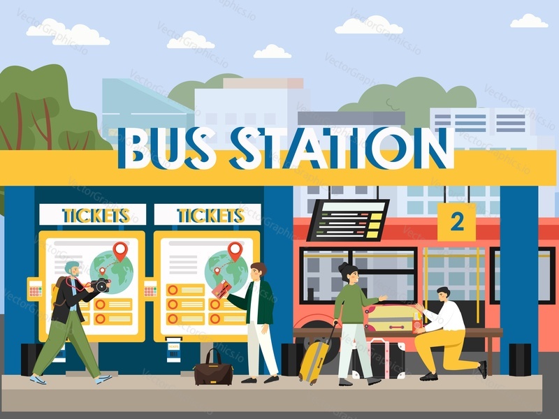 Люди, покупающие билеты на туристический автобус в киоске самообслуживания по продаже билетов, плоская векторная иллюстрация. Технологии самообслуживания.
