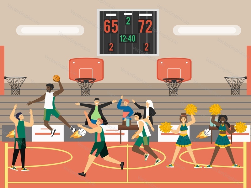 Professional basketball players playing basketball game, flat vector illustration. Sport game tournament, match.