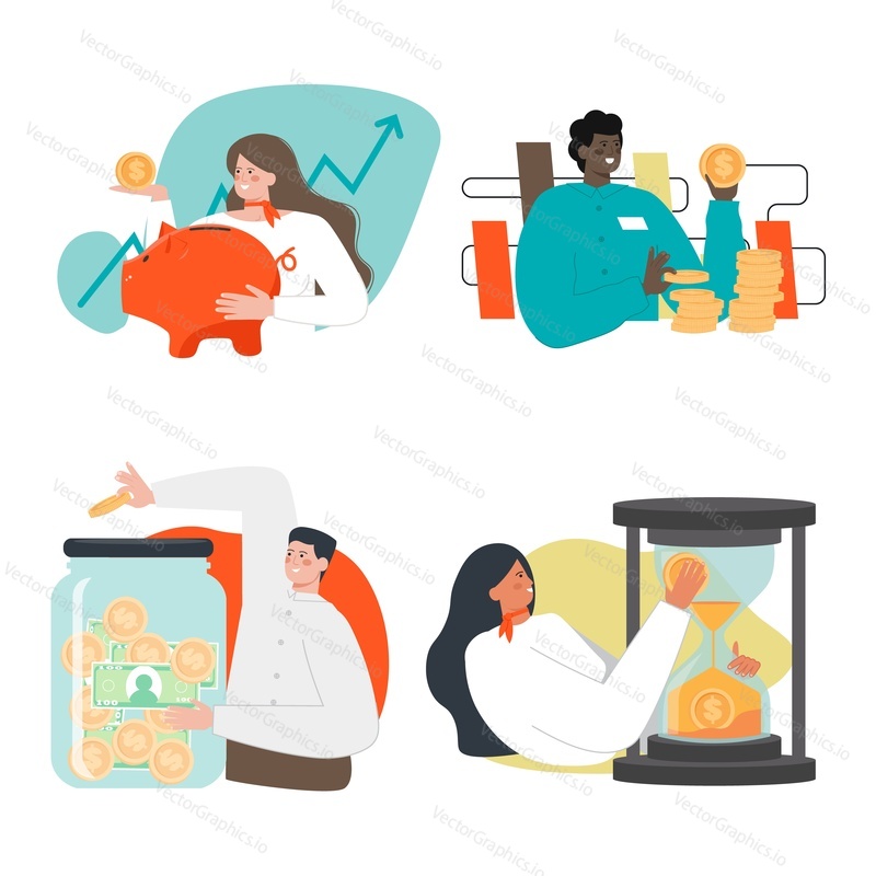 People making money and keeping them in piggy bank, glass jar, flat vector isolated illustration. Money savings, bank deposit, financial investments.