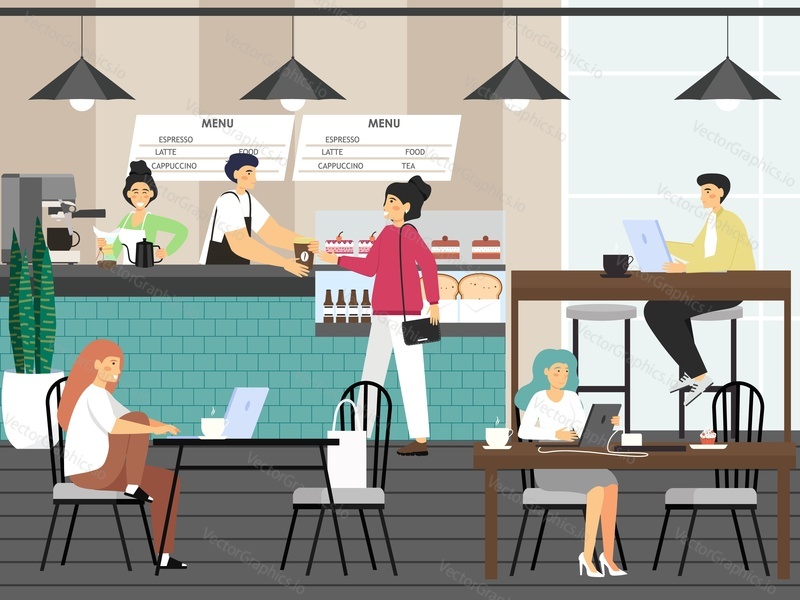 Young woman buying coffee to go in cafe, flat vector illustration. Daily morning routine, everyday life, daily habits.