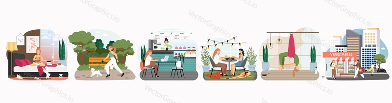 Woman daily life scene set, flat vector isolated illustration. Girl walking with dog in park, working on laptop, shopping, training, relaxing, meeting with friends. Daily routine, everyday activities.