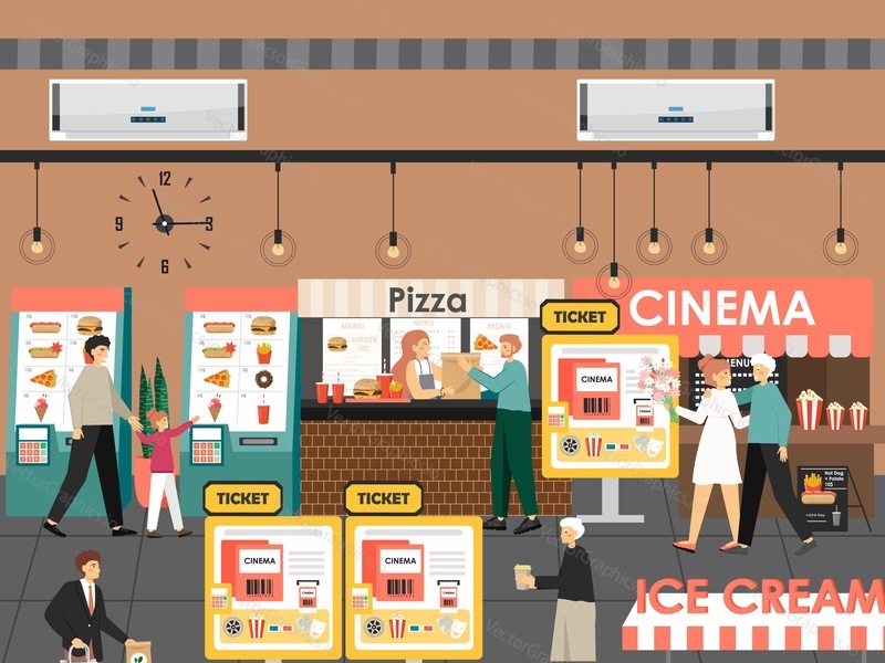 People buying fast food, snacks, pizza in mall food court, cinema tickets at self service kiosk, flat vector illustration. Self service technologies.