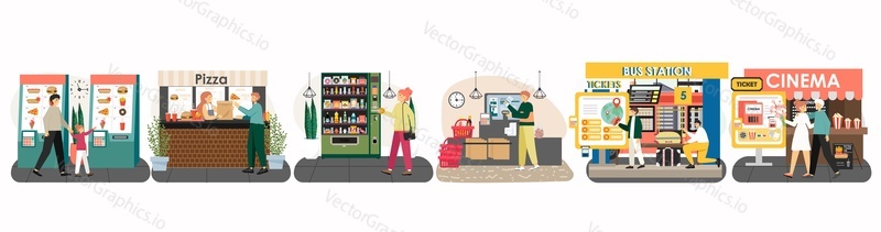 People using various self service machines, flat vector isolated illustration. Vending machine, travel and cinema tickets, restaurant food and drink kiosks, supermarket self-service cashier or counter