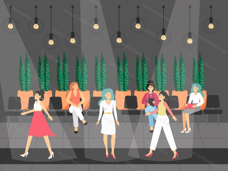 Fashion show. Female models walking down catwalk demonstrating clothing in front of audience, flat vector illustration. Fashion industry.