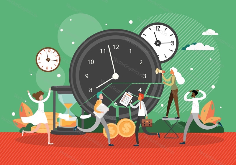 Giant clock, hourglass, tiny office people employees running in panic with documents, flat vector illustration. Time management, deadline, urgent work.