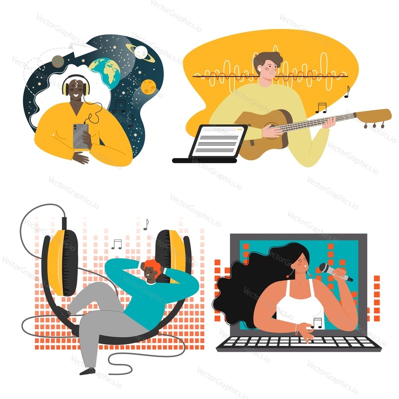 People listening to music, podcast, radio using headphones from smartphone, laptop computer, flat vector isolated illustration. Online music, podcasting.