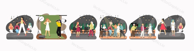 Fashion show scene set, flat vector isolated illustration. Catwalk models, videographer, photographer, fashion designer, journalist male and female characters. Modeling industry.