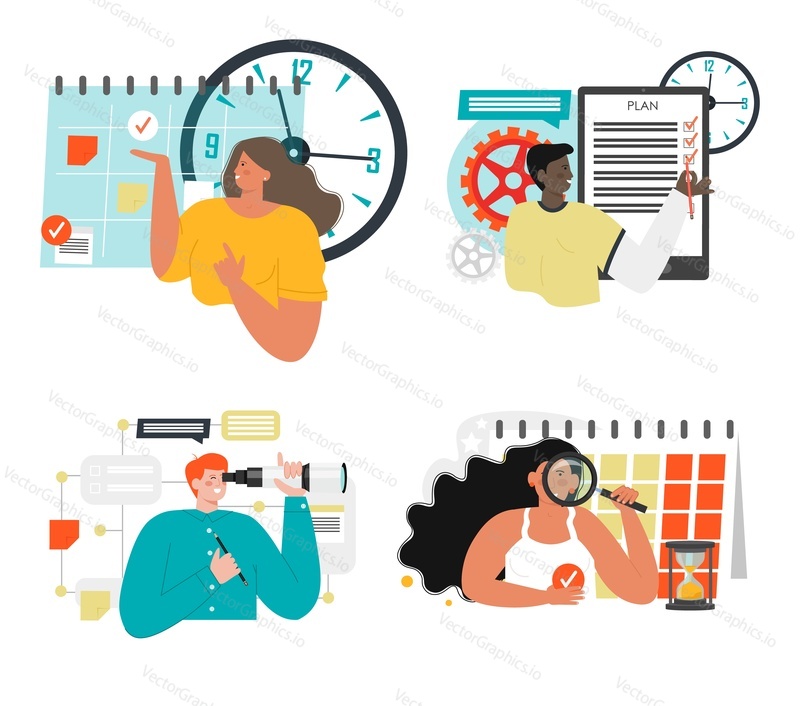 Office people planning schedule, timetable, marking checklist, flat vector isolated illustration. Organization process, efficient time management, scheduling.