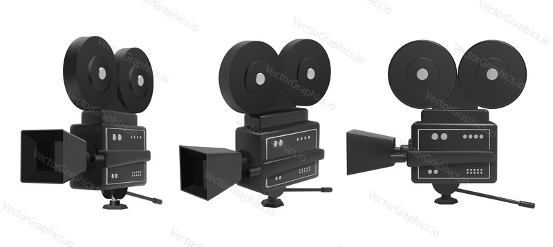 Retro cinema camera vector set of icons isolated on white background. Vintage movie camera. Old film projector with reel.