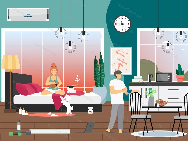 Woman meditating with aromatherapy scented candles sitting on bed, man drinking coffee in kitchen, flat vector illustration. Young couple daily morning routine, everyday life, daily habits.