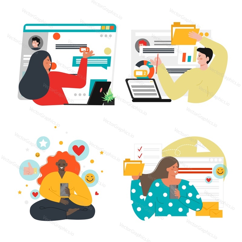 People chatting on social networks, flat vector isolated illustration. Digital communication. Online conversation. Social media.