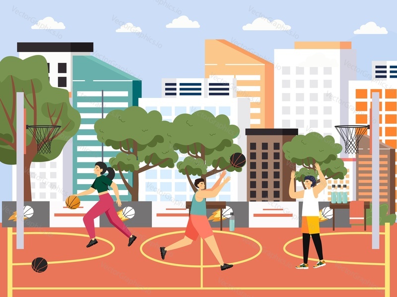 Group of people playing street basketball game, flat vector illustration. Outdoor basketball court. Active lifestyle.