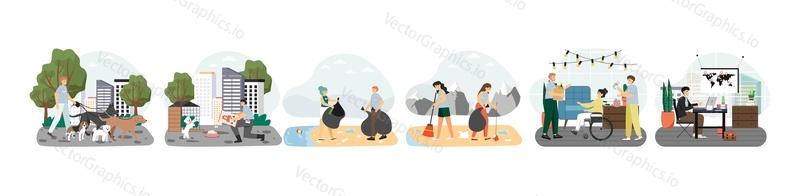 Volunteers walking, feeding stray dogs, cleaning up beach trash, buying food for people with disabilities, flat vector isolated illustration. Charity, volunteering.