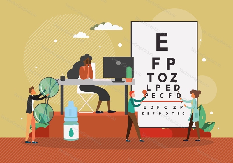 Doctor oculist, optometrist, ophthalmologist checking patient eyesight, flat vector illustration. Eye test, vision correction and treatment procedure, eye health, ophthalmology.
