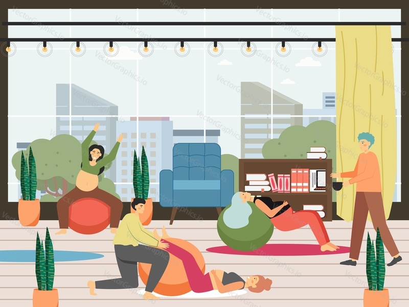 Pregnant mom gym or house workout on fit ball, flat vector illustration. Prenatal health care, pregnancy ball exercises.