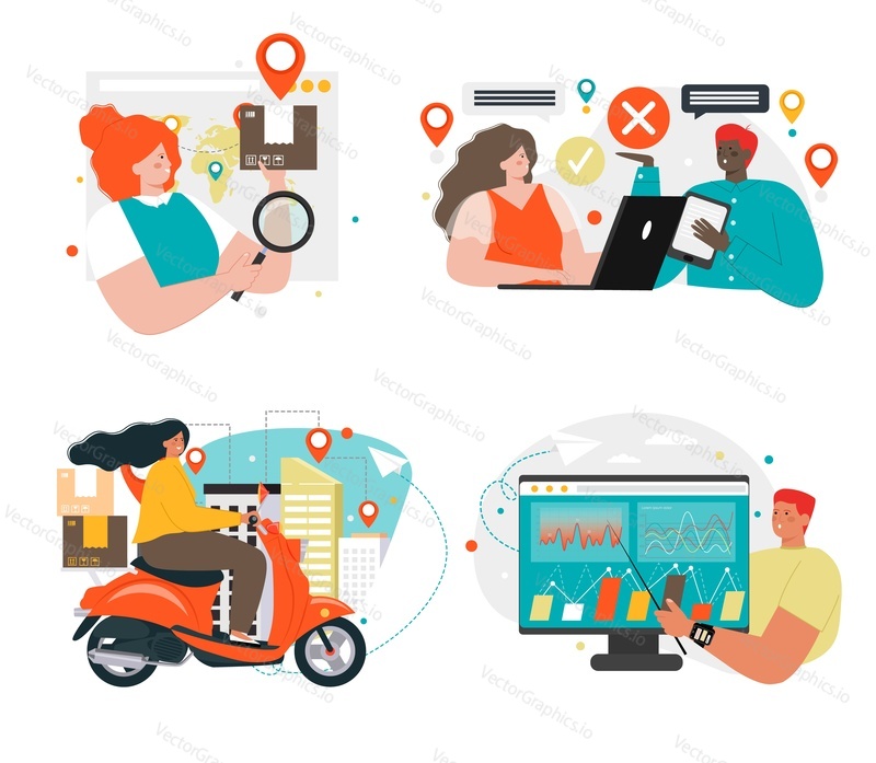 Delivery scene set with logistics, transportation and distribution professionals, flat vector isolated illustration. Global shipment, local distribution, home delivery service. Logistics management.