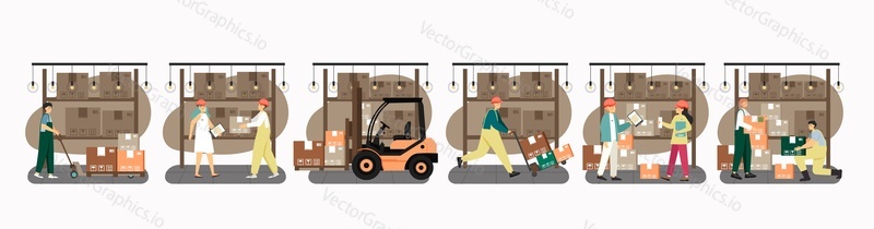 Merchandise warehouse scene set, flat vector isolated illustration. Warehouse workers, loaders, forklift, loading cart, cardboard boxes. Storage services.
