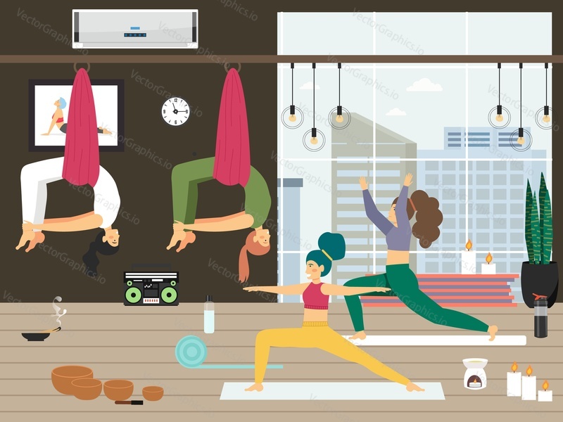 Girls practicing yoga, doing stretching exercises, flat vector illustration. Fly yoga, fitness gym, sport and healthy lifestyle