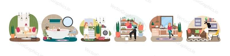 Woman home skin care procedures, flat vector illustration. Girls taking bath with aroma candles, applying face mask, body cream, buying beauty and cosmetic products. Hygiene, daily skin care routine.