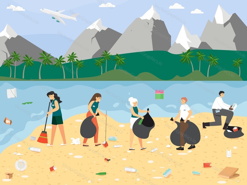 Volunteers collecting garbage into trash bags on beach, flat vector illustration. Ocean coast waste clean up, ecology, environment protection.