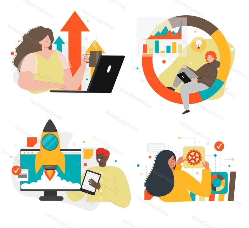 Business startup, new project launch cartoon character set, flat vector isolated illustration. People starting new business, analysing data.